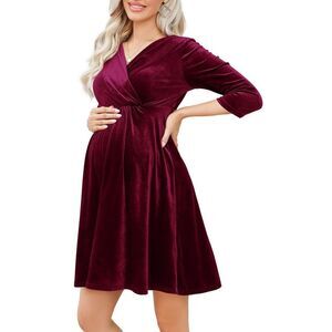 YesFashion -  Women's Maternity Dress Velvet Retro V- Red